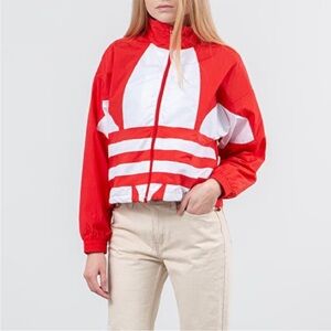 Adidas Big Trefoil Windbreaker Jacket Red White Full Zip Mesh Lined Cropped Sm